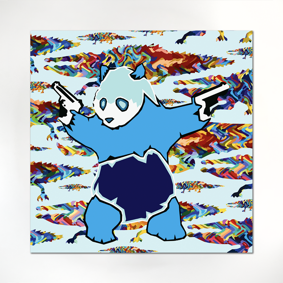 RICHARD BOYD-DUNLOP Panda Canvas Print canvas giclee print, signed on verso 1200 x 1200 mm: blue panda with two guns against crocodile pattern background