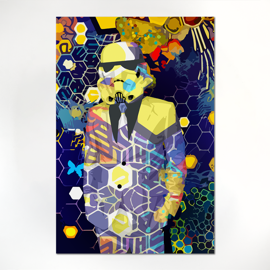 RICHARD BOYD-DUNLOP Suave Canvas Print - Honeycomb Suave canvas giclee print, signed on verso 800 x 1200 mm: stormtrooper against a pattern dark honeycomb background stretched