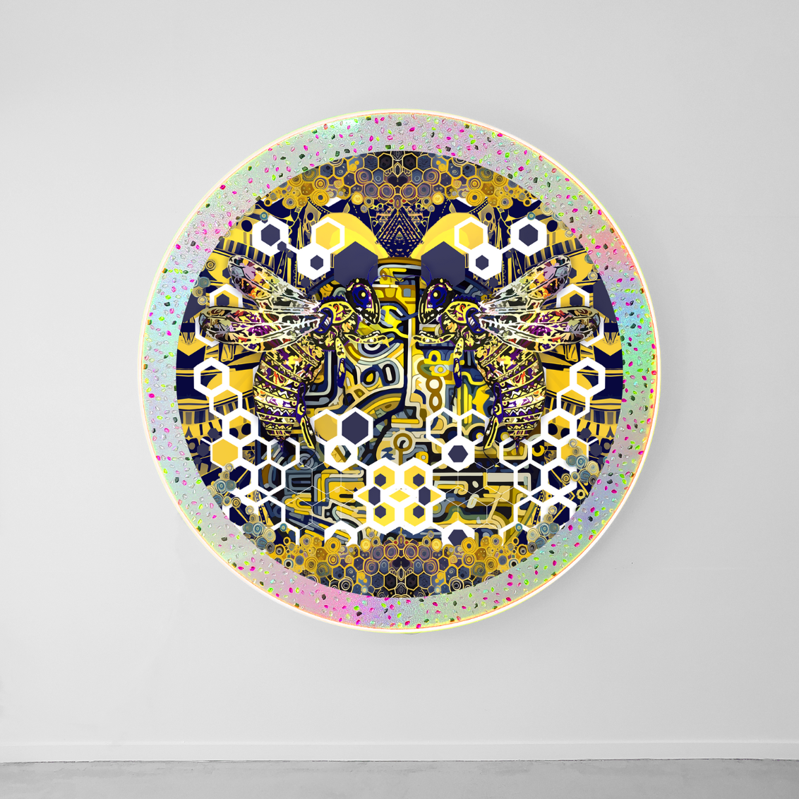 RICHARD BOYD-DUNLOP Gold Bees - Disk holographic collage on board, rhinestones, and LED lighting golden bees with white honecombs
