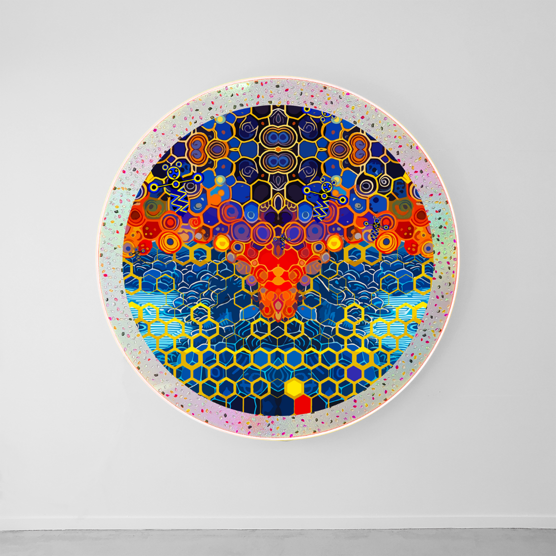 RICHARD BOYD-DUNLOP Volcanic - Disk holographic collage on board, rhinestones, and LED lighting honeycomb blue volcano design