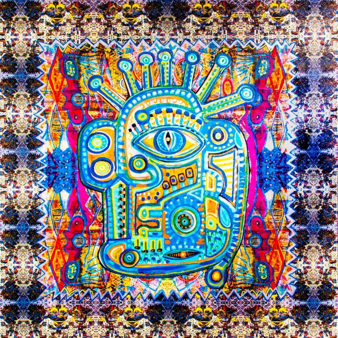 RICHARD BOYD-DUNLOP Jungle Juice on a Hot Day - Introduction Series acrylic on canvas, fabric, and glitter dust 1500 x 1500 mm contemporary acrylic painting original New Zealand Artist Hawkes Bay Napier