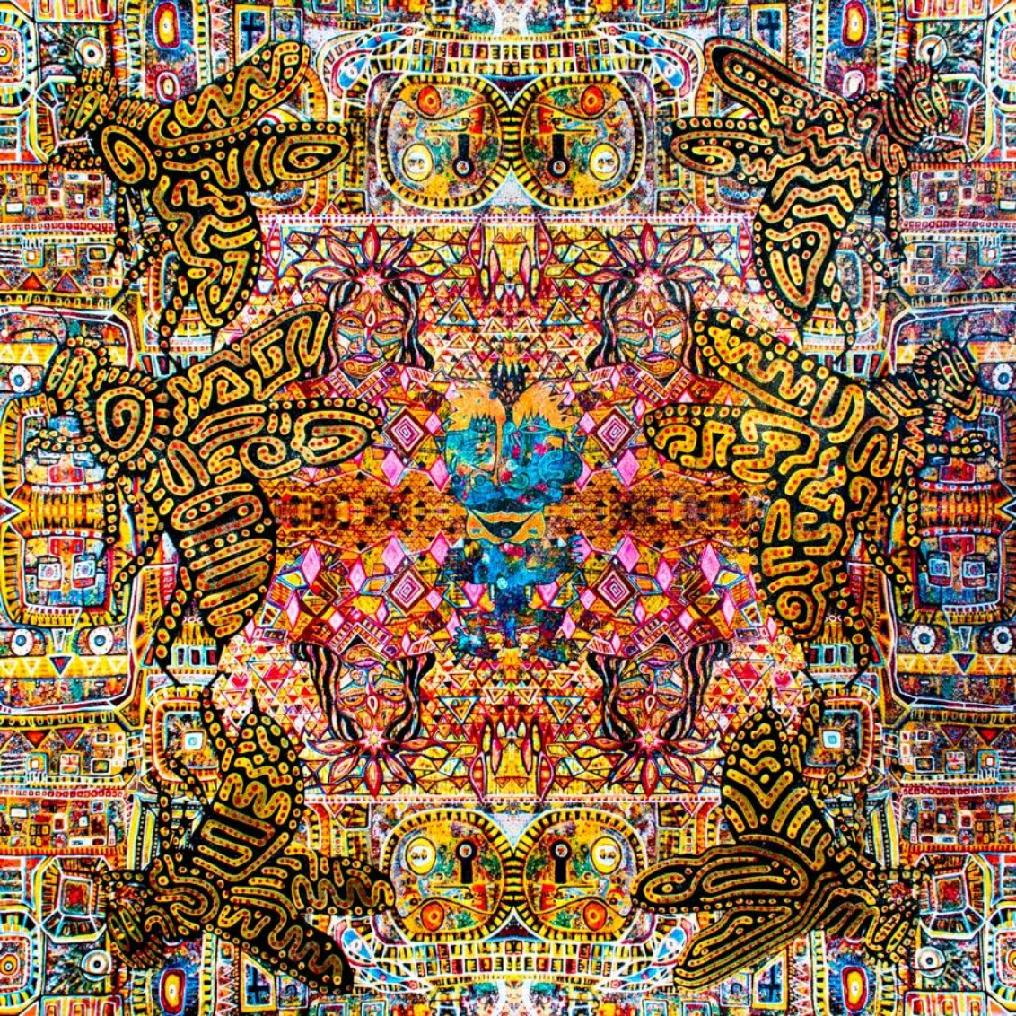 RICHARD BOYD-DUNLOP Hive Vibe acrylic on canvas, fabric, and glitter dust 1500 x 1500 mm New Zealand Contemporary abstract artist bees pattern colourful Hawkes Bay Napier