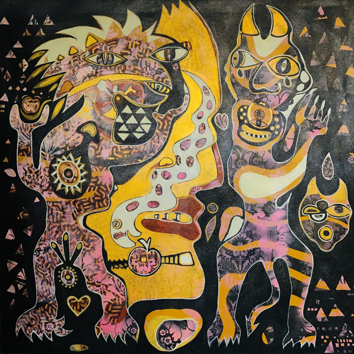 RICHARD BOYD-DUNLOP Conversation From Within acrylic on canvas, fabric, and glitter dust 1600 x 1600 mm Original Contemporary New Zealand Abstract Artist Napier Hawkes Bay