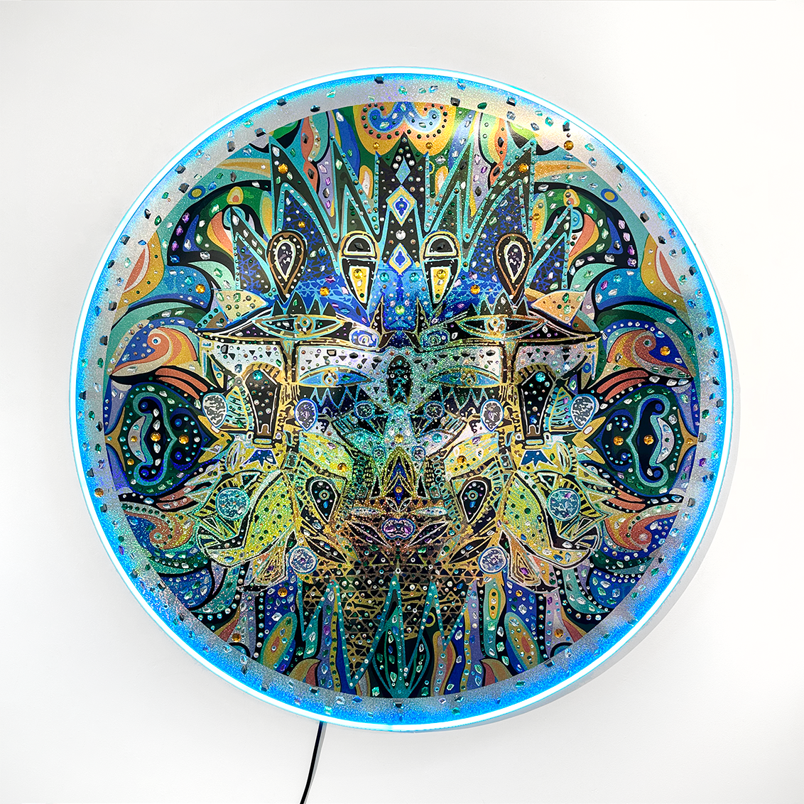 RICHARD BOYD-DUNLOP Wizard - Disk holographic collage on board, rhinestones, and LED lighting blue face design with yellow and green accents