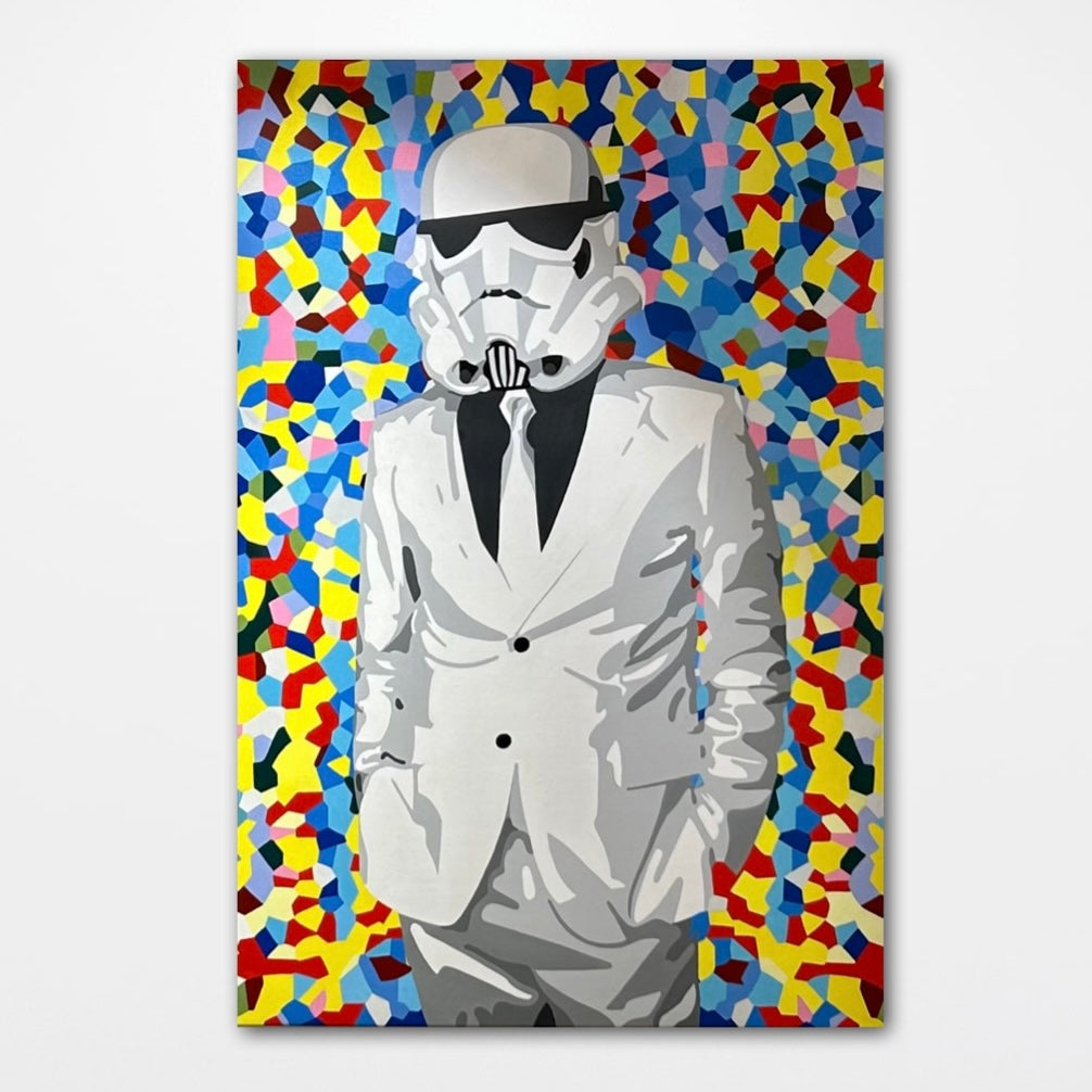BOYD-DUNLOP STUDIOS Suave and Fragments, 2023 acrylic on canvas 1200mm X 1500mm Suave Pop Art Storm Trooper in Suit against colourful mosaic background New Zealand contemporary pop artist hawkes bay napier