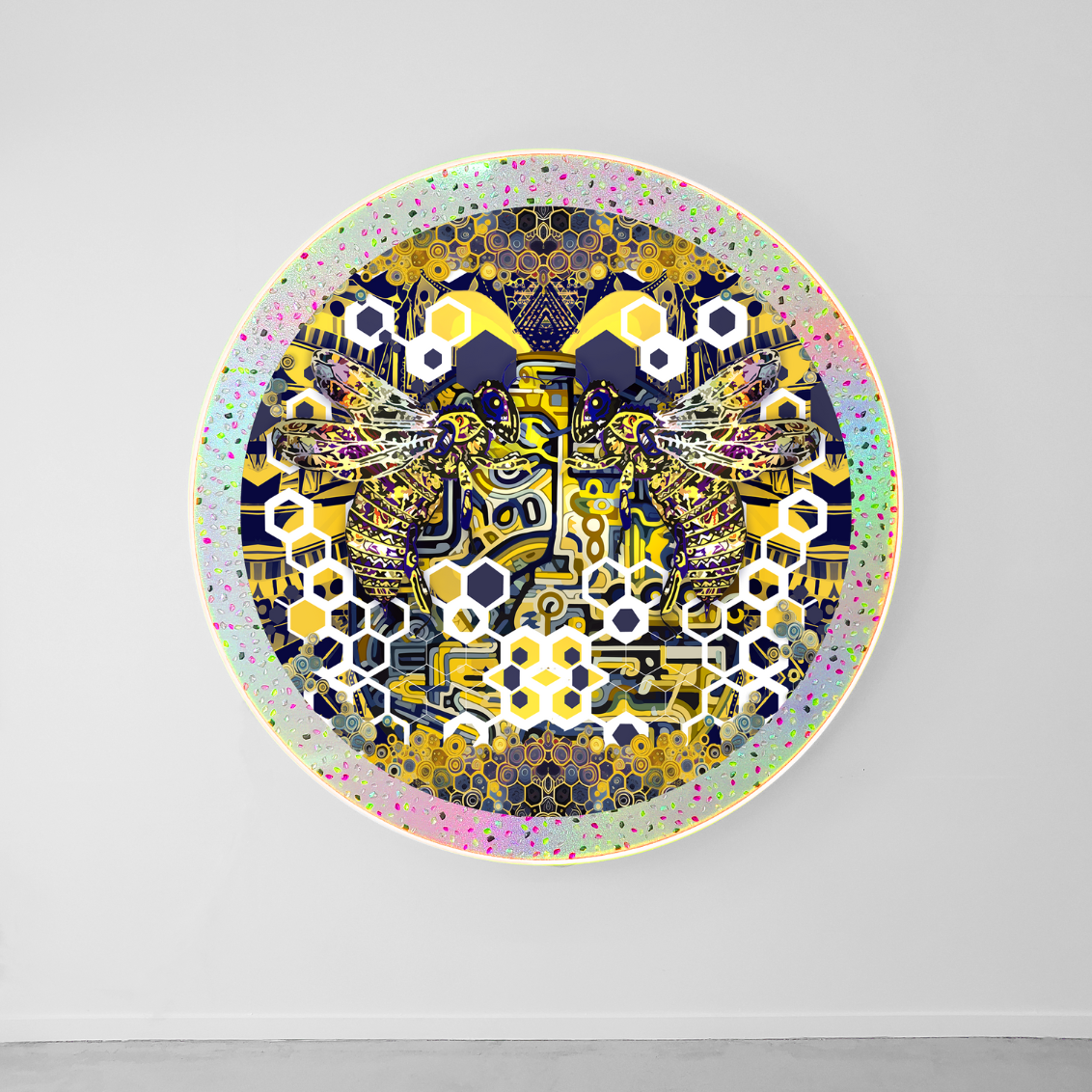 RICHARD BOYD-DUNLOP  Gold Bees - Disk  holographic collage on board, rhinestones, and LED lighting  golden bees with white honecombs