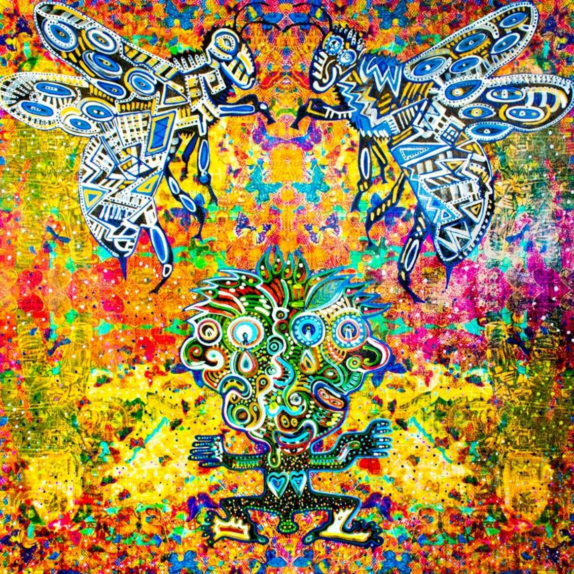 RICHARD BOYD-DUNLOP  Flying Through Dimensions  acrylic on canvas, fabric, and glitter dust  1500 x 1500 mm Original Painting Contemporary Abstract New Zealand Artist Hawkes Bay Napier